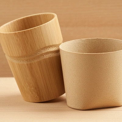 Close-up of bamboo and bagasse cups on a natural wood surface