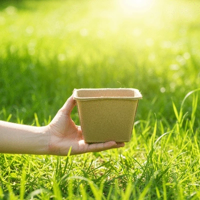 Hand holding a biodegradable packaging container made from plant-based materials