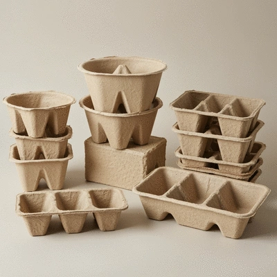 Variety of eco-friendly seed starting trays made from biodegradable materials and recycled plastic, clean image