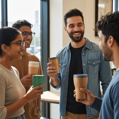 Diverse group of people holding various eco-friendly cups, smiling and interacting in a cafe setting, natural lighting, clean image, no text, no words, no typography, 8K