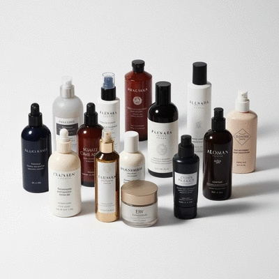 Assortment of cosmetic bottles on a clean white background, showcasing various designs and colors to represent brand identity.