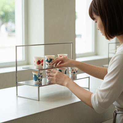 Person arranging custom printed dessert cups on a display, representing a marketing strategy