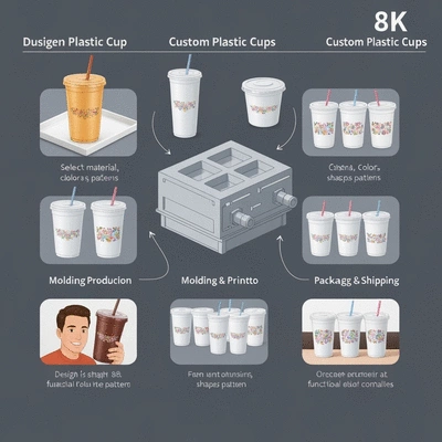 Detailed illustration of the custom plastic cup ordering process, from design to delivery, no text, no words, no typography, 8K, clean image