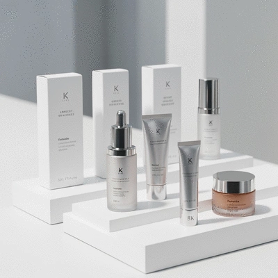 Close-up of elegant cosmetic products in custom packaging on a clean display