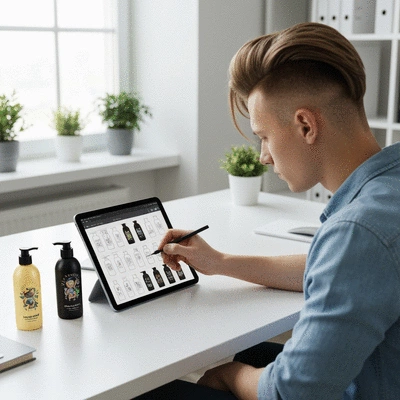 A designer sketching concepts for customizable body wash bottles on a tablet, showcasing creative process