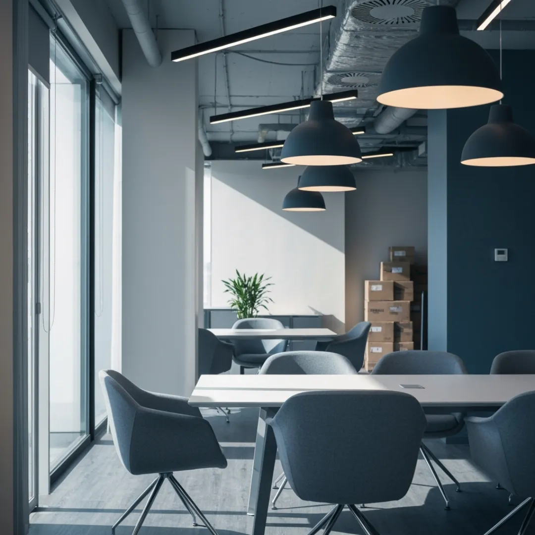 Modern office space with packaging materials